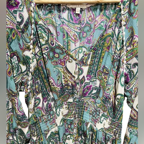 Kate and Sam Size L Boho Cottagecore Fairy Flowy Smocked Paisley Midi Dress - Picture 7 of 10